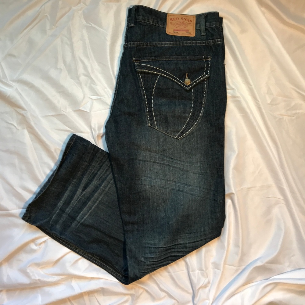 Mens Red Snap 40x32 Blue Distressed Jeans